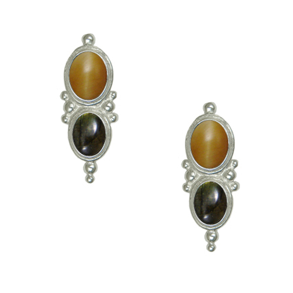 Sterling Silver Drop Dangle Earrings With Honey Tiger Eye And Spectrolite